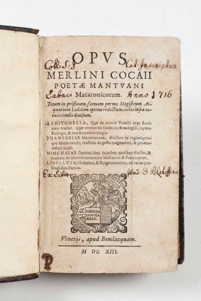 TEOFILO FOLENGO : Opus Merlini Cocaii...Venetijs, apud Bevilacquam, 1613.  - Asta Libri Antichi e Rari. Incisioni - Associazione Nazionale - Case d'Asta italiane