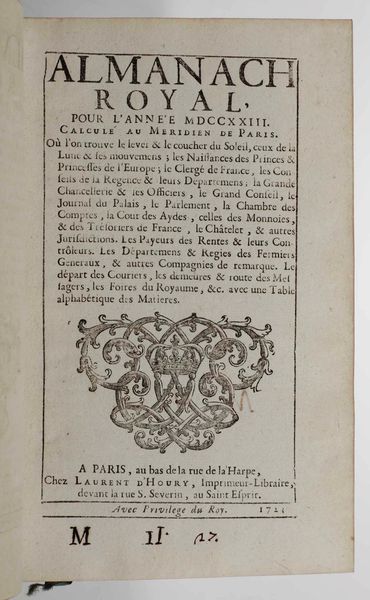 Rilegatura alle Armi - Autori Vari : Almanach Royal pour l’année 1723. A Paris, chez Laurent d’Houry, 1723.<BR>  - Asta Libri Antichi e Rari. Incisioni - Associazione Nazionale - Case d'Asta italiane
