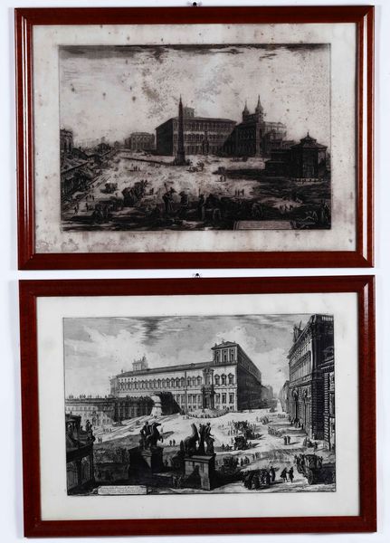 GIOVANNI BATTISTA PIRANESI : Veduta della Basilica in San Giovanni Laterano / Veduta della Piazza Cavallo.  - Asta Libri Antichi e Rari. Incisioni - Associazione Nazionale - Case d'Asta italiane