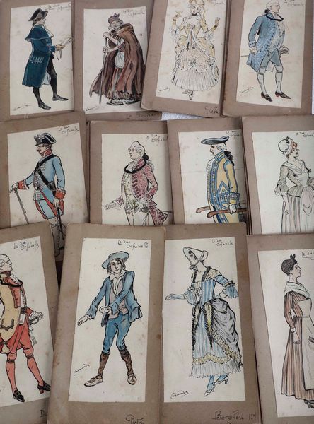 Giuseppe Garuti - Pipein Gamba : Trenta bozzetti originali colorati a penna e acquerello applicati su cartoncino Figurini teatrali per Le due orfanelle (dramma teatrale)  - Asta Libri Antichi e Rari. Incisioni - Associazione Nazionale - Case d'Asta italiane