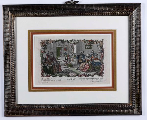 Martin Endelbrecht (1684-1756) I cinque sensi. Serie completa di incisioni originali a bulino, con coloritura coeva. Met secolo XVIII  - Asta Libri Antichi e Rari. Incisioni - Associazione Nazionale - Case d'Asta italiane