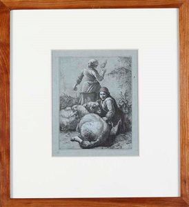 Francesco Londonio - Acquaforte originale, firmata e datata in lastra in alto a sinistra. Mm 177 x 141 Pastorello con il gregge, 1758