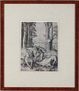 Luca di Leida - Bulino originale, monogrammato e datato e datato in lastra. Mm 286 x 216. Maometto e il Monaco Sergio, 1508