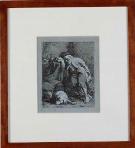 Francesco Londonio - Acquaforte originale, firmata e datata in lastra in alto a destra. Mm 176 x 140 Vecchio dormente con il cane, 1759