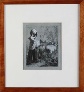 Francesco Londonio - Acquaforte originale, firmata e datata in lastra a destra verso lalto. Mm 175 x 138 Filatrice e pastorello con il gregge, 1759
