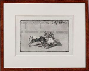 Francisco José de Goya y Lucientes - Acquaforte, acquatinta brunita e puntasecca originale; Harris 229 I/VII; mm 245 x 355 Caida de un picador de su caballo debajo el toro, 1816.