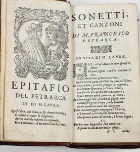 Petrarca, Francesco : Il Petrarca riveduto et corretto e di bellissime figure ornato...In Vinegia, appresso Dominico Farri, 1579.<BR>Rilegato insieme: <BR>Sannazzaro Jacopo - Arcadia, in Venezia, appresso Fabio e Agostino Zoppini, 1583  - Asta Libri Antichi e Rari. Incisioni - Associazione Nazionale - Case d'Asta italiane