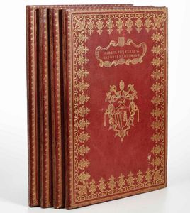 Legature Papali Benedetto XIII - Pars I Pro Feria V Maioris Hebdomadae / Pars II Pro Feria V Maioris Hebdomadae / Pars I Pro Feria IV e VI Maioris Hebdomadae / Pars II Pro Feria IV e VI Maioris Hebdomadae. Sedente Benedicto XIII P.O.M Sub protectione Emi, & Rmi D. Petri Card. Otthoboni Episcopi Sabinensis S.R.E Vice Cancellarii. R. Domino Julio Arquilla Magistro Capp. Pont.pro tempore existente Jo: Dominicus de Biondinis Tusculanus Scriptor. Anno Domini 1726.