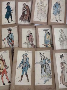 Giuseppe Garuti - Pipein Gamba - Trenta bozzetti originali colorati a penna e acquerello applicati su cartoncino Figurini teatrali per Le due orfanelle (dramma teatrale)