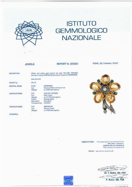 SPILLA A FORMA DI FIORE CON TOPAZI GIALLI SMERALDI E DIAMANTI  - Asta Gioielli - Associazione Nazionale - Case d'Asta italiane