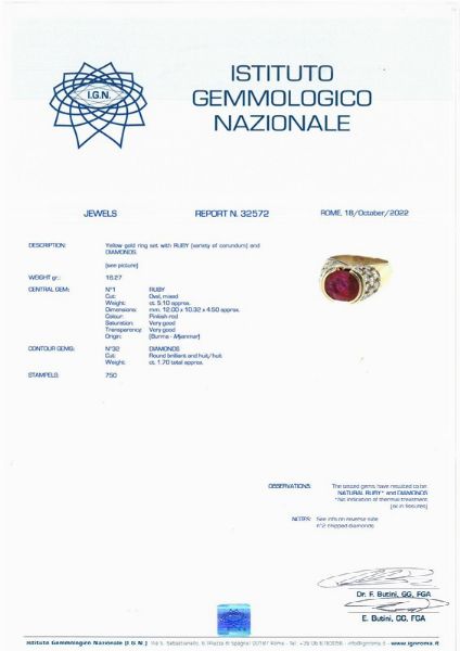 GRANDE ANELLO CHEVALIER CON RUBINO BIRMANO E DIAMANTI  - Asta Gioielli - Associazione Nazionale - Case d'Asta italiane