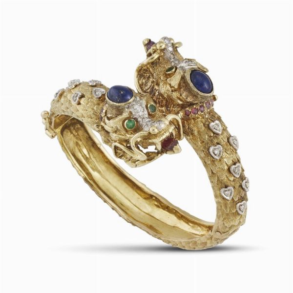 BRACCIALE ANIMALIER CON PIETRE DI COLORE E DIAMANTI  - Asta Gioielli - Associazione Nazionale - Case d'Asta italiane