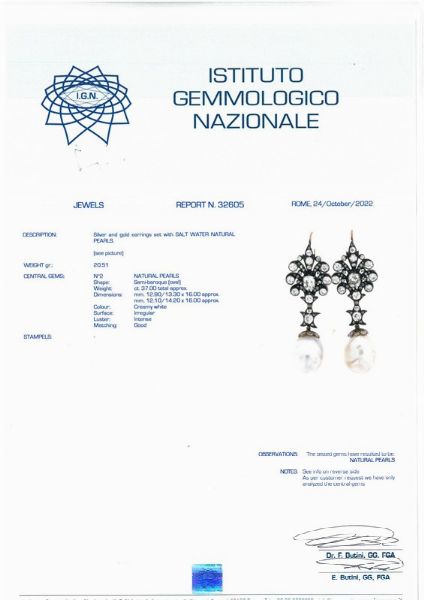 PAIO DI ORECCHINI PENDENTI CON PERLE NATURALI E DIAMANTI  - Asta Gioielli - Associazione Nazionale - Case d'Asta italiane