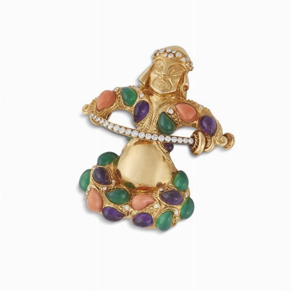 SPILLA/PENDENTE "SAMURAI" CON PIETRE DI COLORE E DIAMANTI  - Asta Gioielli - Associazione Nazionale - Case d'Asta italiane