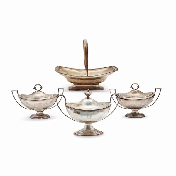 Tre salsiere e un cesto in argento, Londra, fine XVIII secolo  - Asta Gioielli - Associazione Nazionale - Case d'Asta italiane