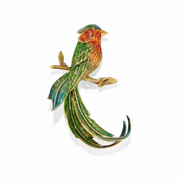 Spilla in oro giallo 18k, smalto e zaffiro  - Asta Gioielli - Associazione Nazionale - Case d'Asta italiane