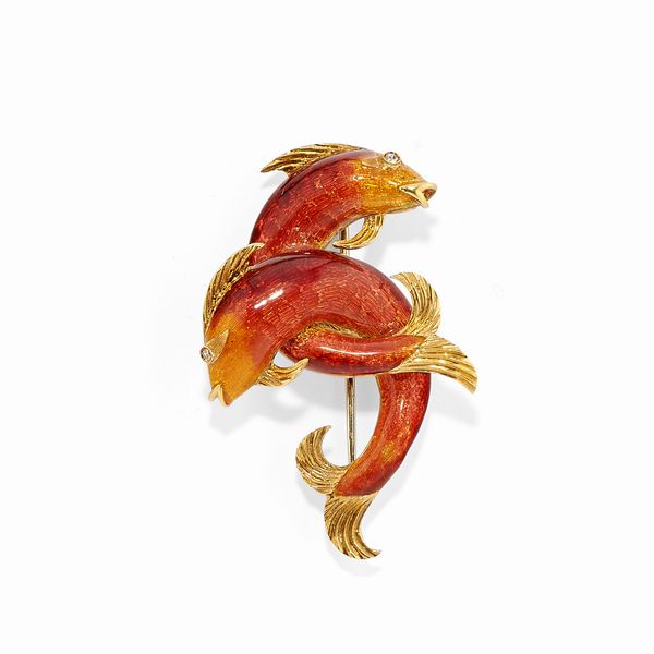Spilla in oro giallo 18k, smalto e diamanti  - Asta Gioielli - Associazione Nazionale - Case d'Asta italiane