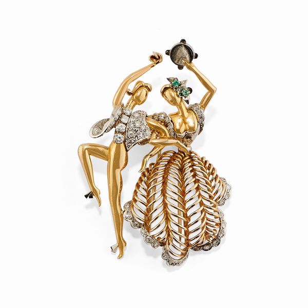 Spilla in oro bicolore 18k, smeraldi e diamanti  - Asta Gioielli - Associazione Nazionale - Case d'Asta italiane