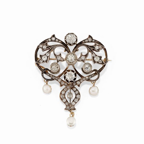Spilla-pendente in oro rosso 18k, argento, diamanti e perle, XIX secolo  - Asta Gioielli - Associazione Nazionale - Case d'Asta italiane