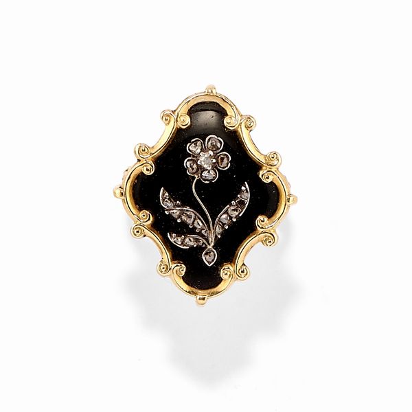 Anello in oro giallo 18k, argento, onice e diamanti, inizio XX secolo  - Asta Gioielli - Associazione Nazionale - Case d'Asta italiane