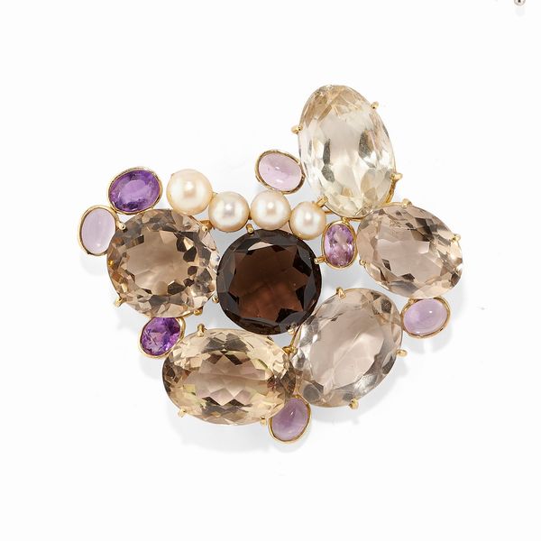 Spilla in oro giallo 18k, perle e quarzi  - Asta Gioielli - Associazione Nazionale - Case d'Asta italiane