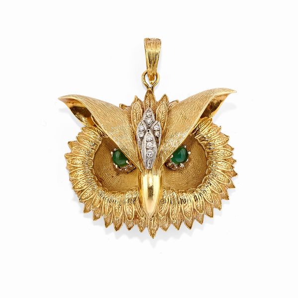 Pendente-spilla in oro bicolore 18k, diamanti e smeraldi  - Asta Gioielli - Associazione Nazionale - Case d'Asta italiane