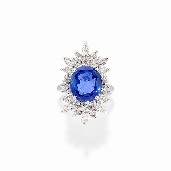 Anello in oro bianco 18k, zaffiro e diamanti  - Asta Gioielli - Associazione Nazionale - Case d'Asta italiane