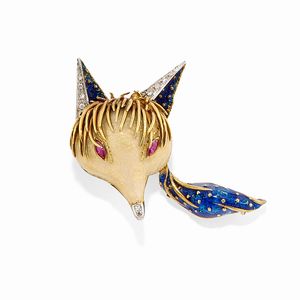 LUNATI - Spilla in oro bicolore 18k, smalto, rubini e diamanti