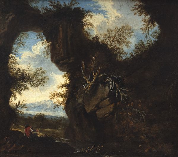 Scuola romana, seconda metà del secolo XVII : Paesaggio con arco naturale e soldato a riposo  - Asta Dipinti e disegni antichi - Associazione Nazionale - Case d'Asta italiane