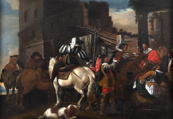 Pittore bambocciante, secolo XVII : Cavalieri in sosta presso una taverna  - Asta Dipinti e disegni antichi - Associazione Nazionale - Case d'Asta italiane