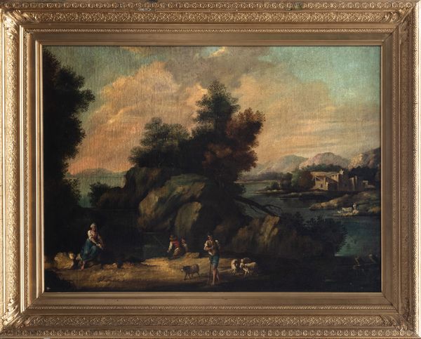 Scuola veneta, secolo XVIII : Paesaggio fluviale con pastori e armenti e casolari in lontananza  - Asta Dipinti e disegni antichi - Associazione Nazionale - Case d'Asta italiane