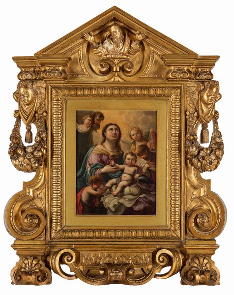 Scuola dell'Italia centrale, inizi del secolo XVII : Madonna con Bambino, San Giovannino e angeli  - Asta Dipinti e disegni antichi - Associazione Nazionale - Case d'Asta italiane