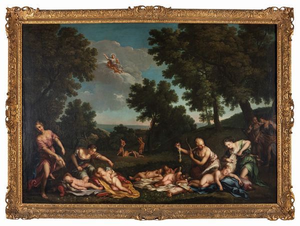 Scuola bolognese, secolo XVII : Cupidi disarmati dalle ninfe di Diana  - Asta Dipinti e disegni antichi - Associazione Nazionale - Case d'Asta italiane