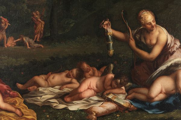 Scuola bolognese, secolo XVII : Cupidi disarmati dalle ninfe di Diana  - Asta Dipinti e disegni antichi - Associazione Nazionale - Case d'Asta italiane