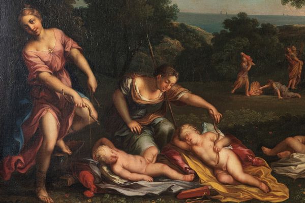 Scuola bolognese, secolo XVII : Cupidi disarmati dalle ninfe di Diana  - Asta Dipinti e disegni antichi - Associazione Nazionale - Case d'Asta italiane