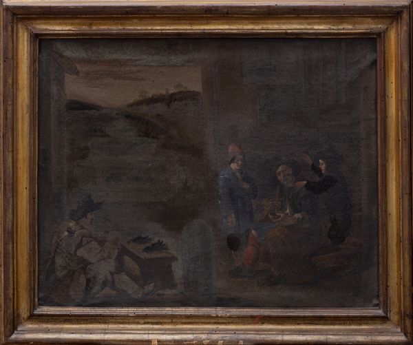 Attribuito a Johannes Lingelbach (Francoforte sul Meno 1622 – Amsterdam 1674) : Scena di genere con anziano che mangia la zuppa e due bambini  - Asta Dipinti e disegni antichi - Associazione Nazionale - Case d'Asta italiane