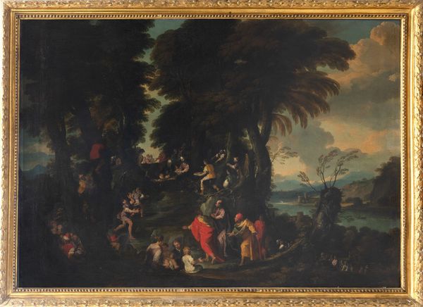 Pittore fiammingo attivo a Genova nel secolo XVII : Paesaggio con la moltiplicazione dei pani e dei pesci  - Asta Dipinti e disegni antichi - Associazione Nazionale - Case d'Asta italiane