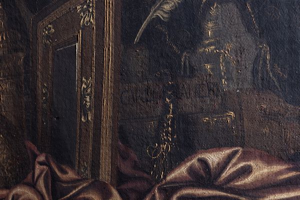 Carlo Manieri (attivo a Roma 1662 - 1700) : Natura morta con orologio, tappeti, libri e suppellettili su un tavolo  - Asta Dipinti e disegni antichi - Associazione Nazionale - Case d'Asta italiane