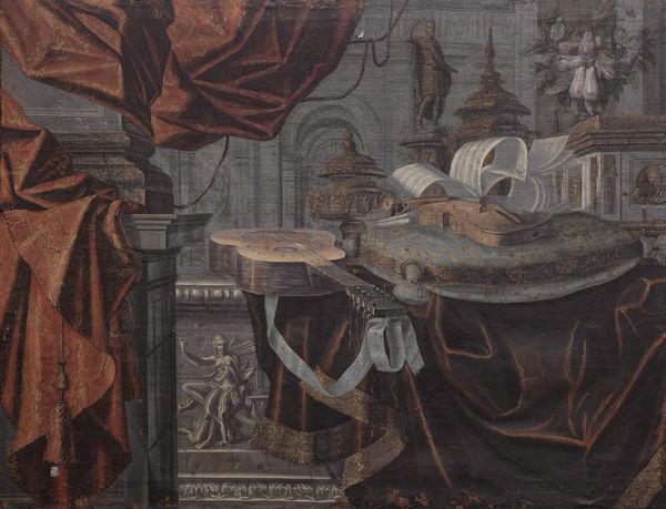 Carlo Manieri (attivo a Roma 1662 - 1700) : Natura morta con chitarra, violino e suppellettili su un piano di marmo  - Asta Dipinti e disegni antichi - Associazione Nazionale - Case d'Asta italiane