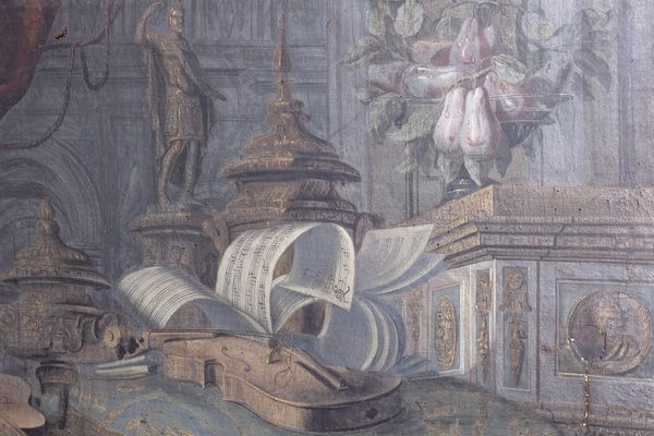 Carlo Manieri (attivo a Roma 1662 - 1700) : Natura morta con chitarra, violino e suppellettili su un piano di marmo  - Asta Dipinti e disegni antichi - Associazione Nazionale - Case d'Asta italiane