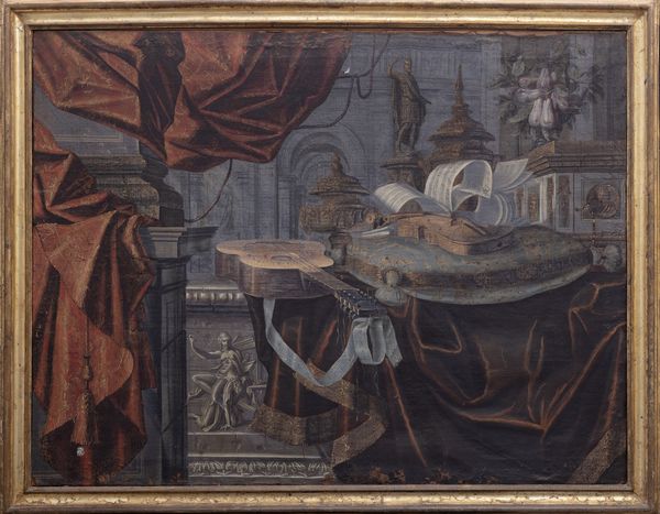Carlo Manieri (attivo a Roma 1662 - 1700) : Natura morta con chitarra, violino e suppellettili su un piano di marmo  - Asta Dipinti e disegni antichi - Associazione Nazionale - Case d'Asta italiane