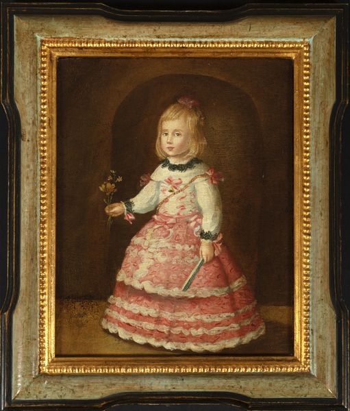Maniera di Velazquez : Ritratto di bambina in abito rosa e fiori in mano  - Asta Dipinti e disegni antichi - Associazione Nazionale - Case d'Asta italiane