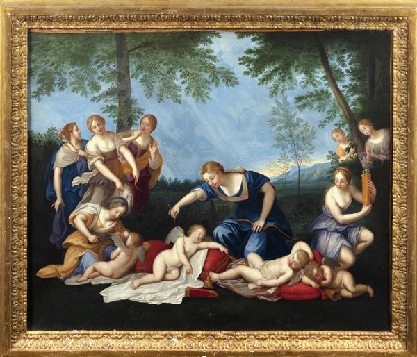 Seguace di Francesco Albani : Due scene mitologiche: Venere, Vulcano e Amorini; e Diana con le sue Ninfe e Cupido  - Asta Dipinti e disegni antichi - Associazione Nazionale - Case d'Asta italiane