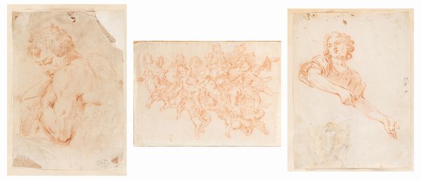 Lotto composto da tre disegni a matita rossa di scuola emiliana, secoli XVII - XVIII  - Asta Dipinti e disegni antichi - Associazione Nazionale - Case d'Asta italiane