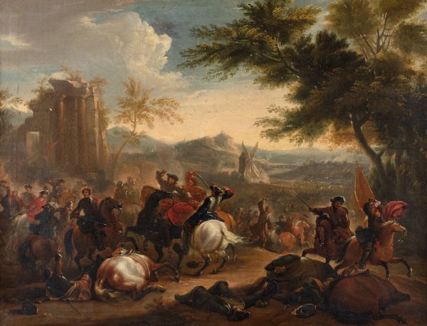 Scuola olandese, secolo XVII : Battaglia con citt� fortificata e mulino a vento in lontananza  - Asta Dipinti e disegni antichi - Associazione Nazionale - Case d'Asta italiane