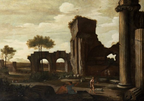 Pittore francese attivo a Roma, secolo XVII : Paesaggio con rovine antiche e astanti  - Asta Dipinti e disegni antichi - Associazione Nazionale - Case d'Asta italiane