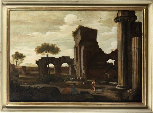 Pittore francese attivo a Roma, secolo XVII : Paesaggio con rovine antiche e astanti  - Asta Dipinti e disegni antichi - Associazione Nazionale - Case d'Asta italiane