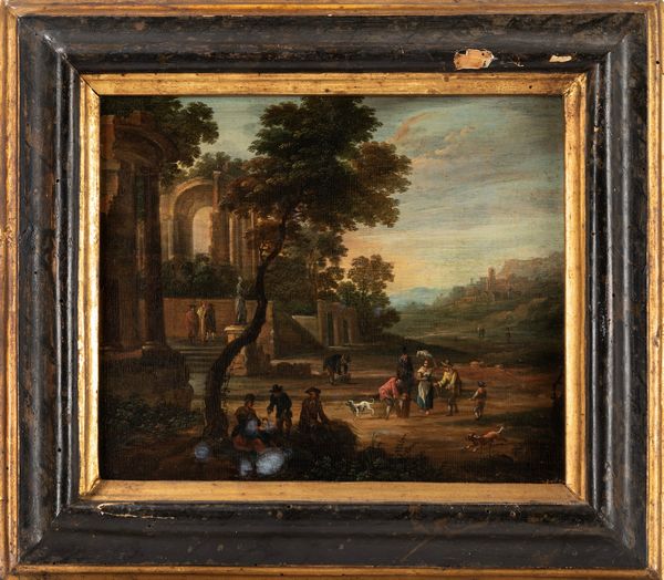 Pittore fiammingo attivo in Italia, fine secolo XVII - inizi secolo XVIII : Paesaggio con scena di vita quotidiana e rovine architettoniche  - Asta Dipinti e disegni antichi - Associazione Nazionale - Case d'Asta italiane