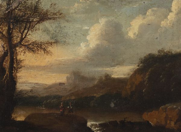 Scuola europea, secolo XIX : Paesaggio fluviale con viandanti  - Asta Dipinti e disegni antichi - Associazione Nazionale - Case d'Asta italiane