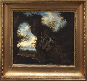 Scuola romana, seconda metà del secolo XVII : Paesaggio con arco naturale e soldato a riposo  - Asta Dipinti e disegni antichi - Associazione Nazionale - Case d'Asta italiane